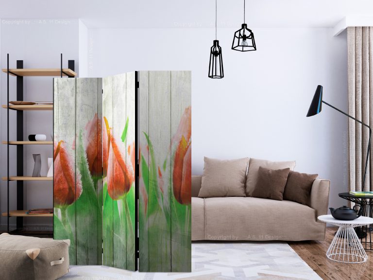 Paraván – Red tulips on wood [Room Dividers] Paraván – Red tulips on wood [Room Dividers]