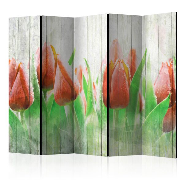 Paraván – Red tulips on wood [Room Dividers] Paraván – Red tulips on wood [Room Dividers]
