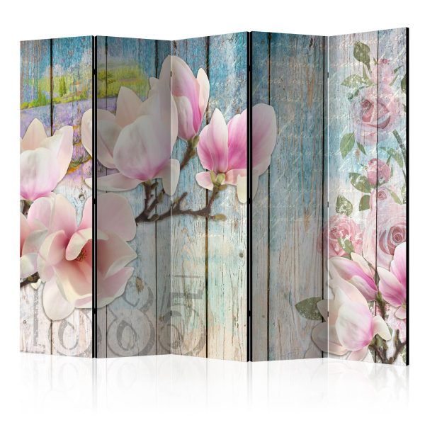 Paraván – Pink Flowers on Wood [Room Dividers] Paraván – Pink Flowers on Wood [Room Dividers]