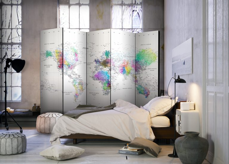 Paraván – Room divider – White-colorful world map Paraván – Room divider – White-colorful world map