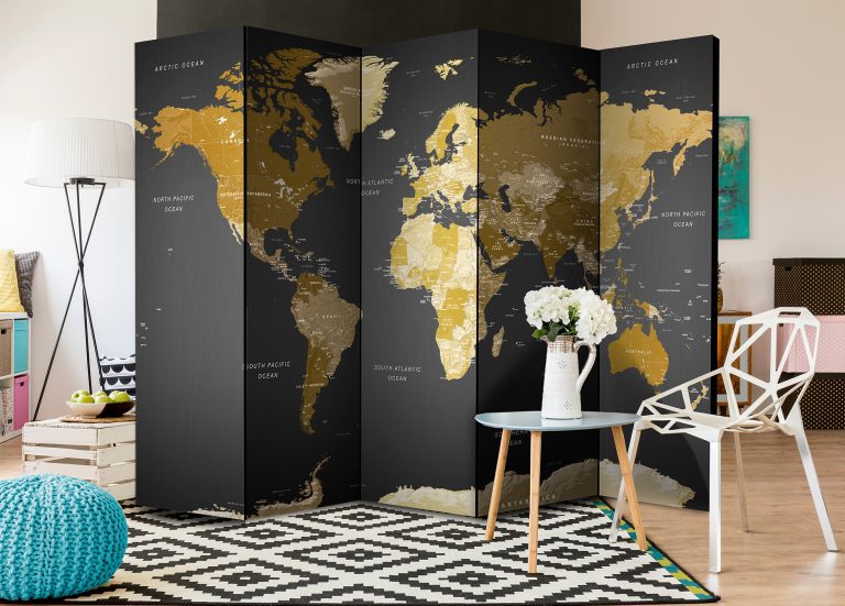Paraván – Room divider – World map on dark background Paraván – Room divider – World map on dark background