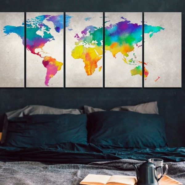 Pětidílný obraz na stěnu – barevná mapa světa Pětidílný obraz na stěnu – barevná mapa světa