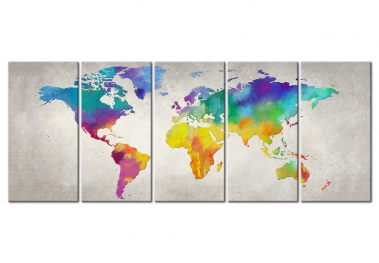 Pětidílný obraz na stěnu – barevná mapa světa Pětidílný obraz na stěnu – barevná mapa světa