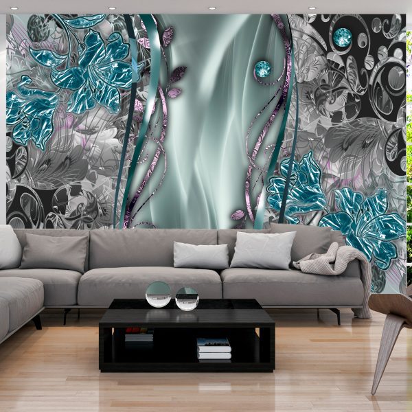 Samolepící fototapeta – Floral Curtain (Turquoise) Samolepící fototapeta – Floral Curtain (Turquoise)
