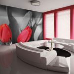Fototapeta – Red tulips on black and white background Fototapeta – Red tulips on black and white background