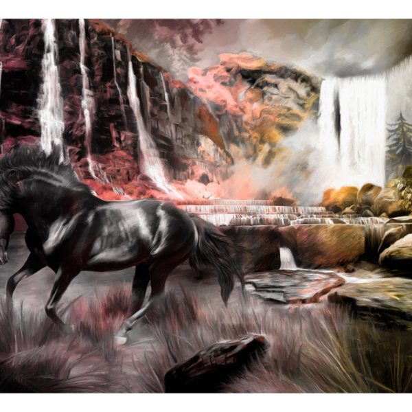 Fototapeta – Black horse by a waterfall Fototapeta – Black horse by a waterfall