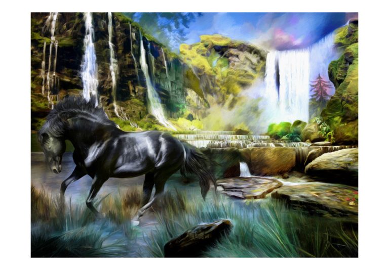 Fototapeta – Horse on the background of sky-blue waterfall Fototapeta – Horse on the background of sky-blue waterfall