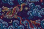 Vzorovaná Tapeta vyšívaní mořští draci Vzorovaná Tapeta vyšívaní mořští draci