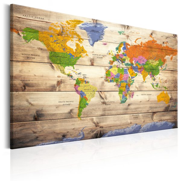 Obraz – Map on wood: Colourful Travels Obraz – Map on wood: Colourful Travels