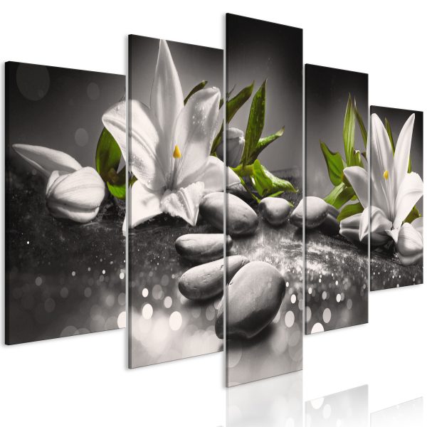 Obraz – Lilies and Stones (5 Parts) Wide Grey Obraz – Lilies and Stones (5 Parts) Wide Grey