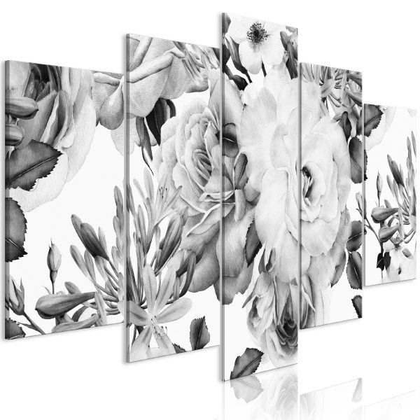 Obraz – Rose Composition (5 Parts) Wide Black and White Obraz – Rose Composition (5 Parts) Wide Black and White