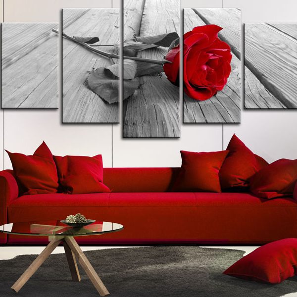Obraz – Rose on Wood (5 Parts) Wide Red Obraz – Rose on Wood (5 Parts) Wide Red
