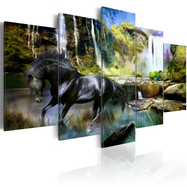 Obraz – Black horse on the background of paradise waterfall Obraz – Black horse on the background of paradise waterfall