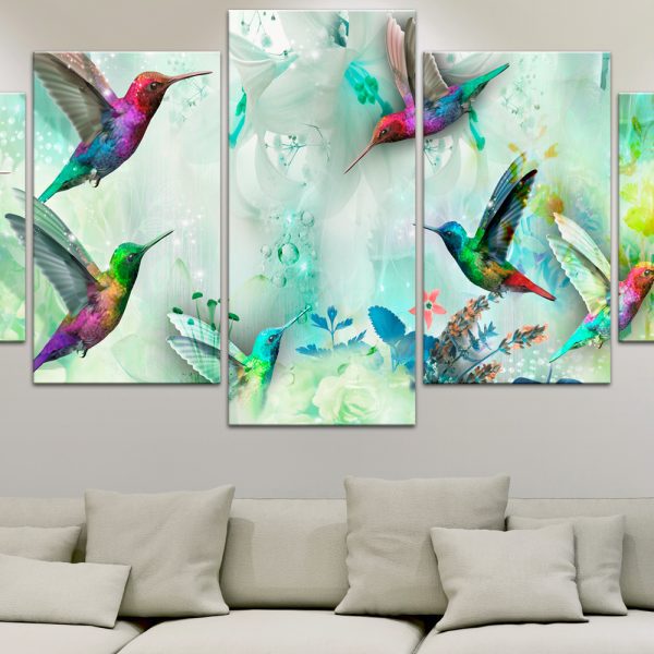 Obraz – Colourful Hummingbirds (5 Parts) Wide Green Obraz – Colourful Hummingbirds (5 Parts) Wide Green