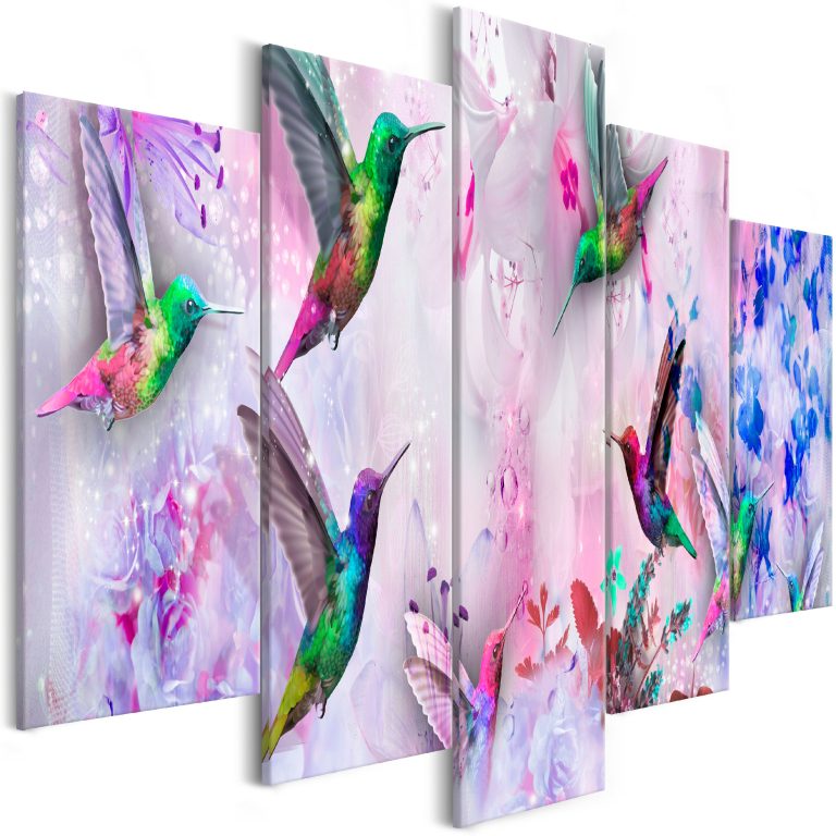 Obraz – Colourful Hummingbirds (5 Parts) Wide Violet Obraz – Colourful Hummingbirds (5 Parts) Wide Violet