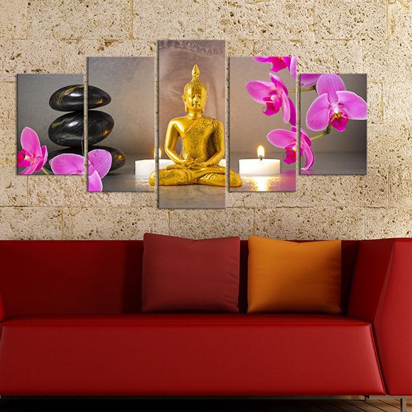 Obraz – Golden Buddha and orchids Obraz – Golden Buddha and orchids