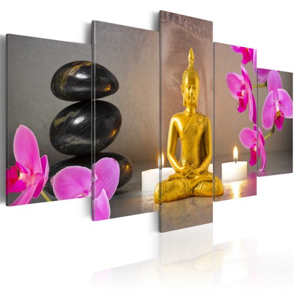 Obraz – Golden Buddha and orchids Obraz – Golden Buddha and orchids