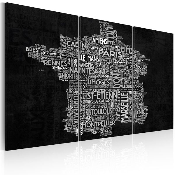 Obraz – Text map of France on the black background – triptych Obraz – Text map of France on the black background – triptych