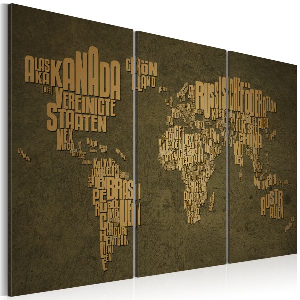 Obraz – The map of the World, German language:Beige continents – triptych Obraz – The map of the World, German language:Beige continents – triptych