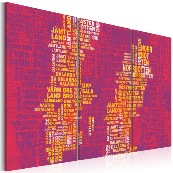 Obraz – Text map of Sweden (pink background) – triptych Obraz – Text map of Sweden (pink background) – triptych