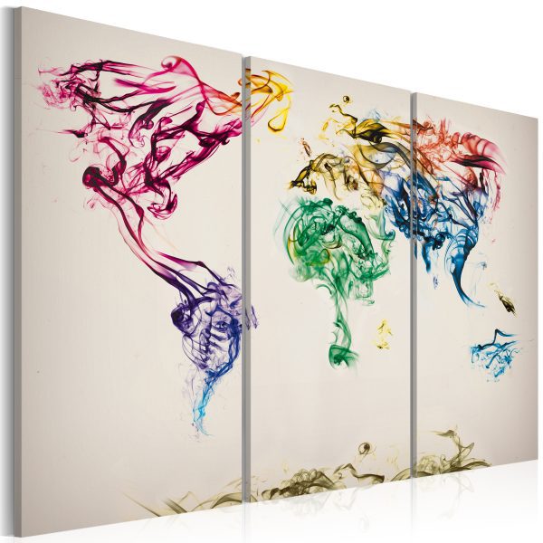 Obraz – The World map – colored smoke trails – triptych Obraz – The World map – colored smoke trails – triptych