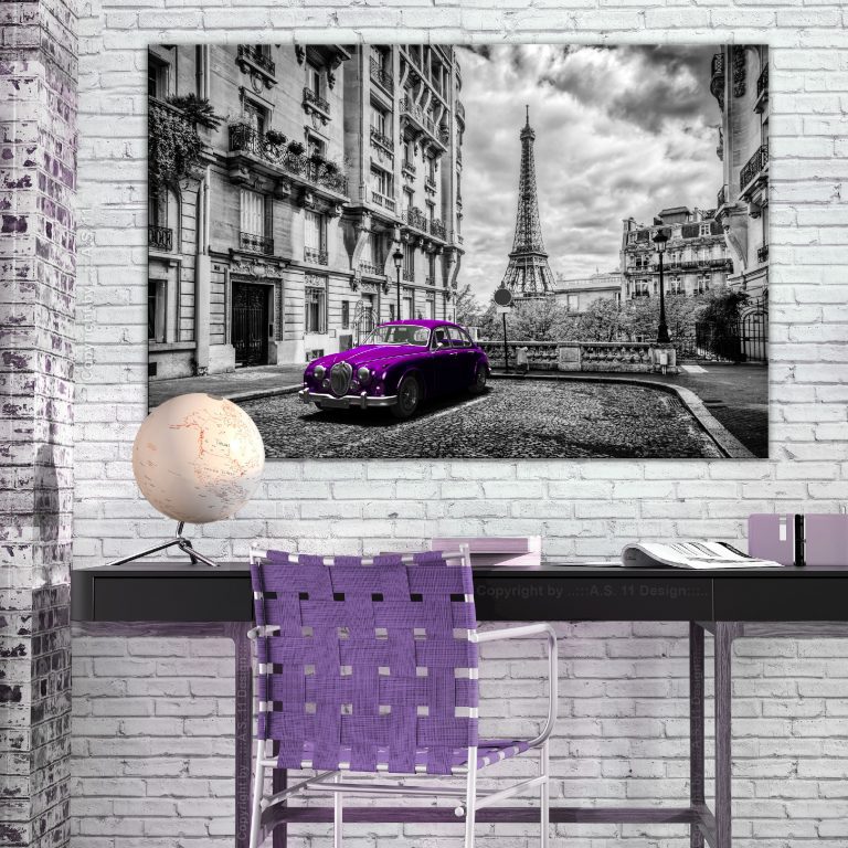 Obraz – Car in Paris (1 Part) Violet Wide Obraz – Car in Paris (1 Part) Violet Wide