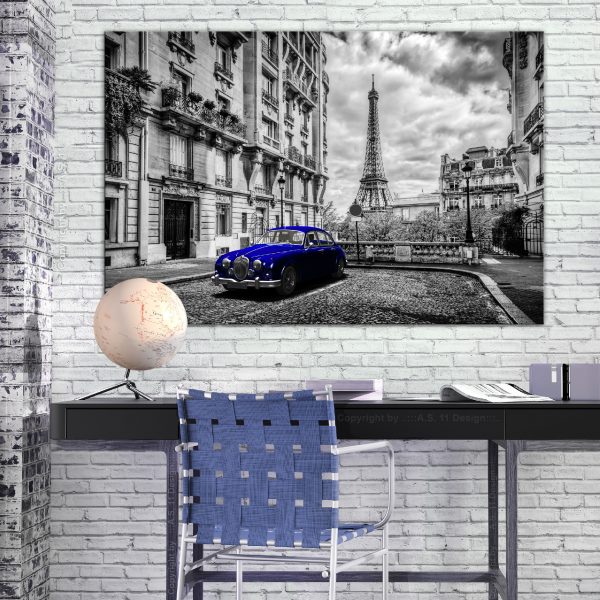 Obraz – Car in Paris (1 Part) Blue Wide Obraz – Car in Paris (1 Part) Blue Wide