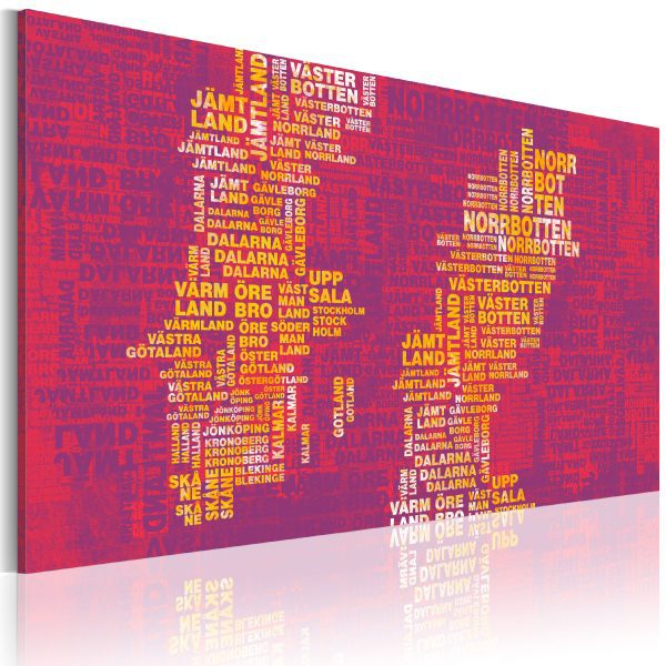 Obraz – Text map of Sweden (pink background) – triptych Obraz – Text map of Sweden (pink background) – triptych