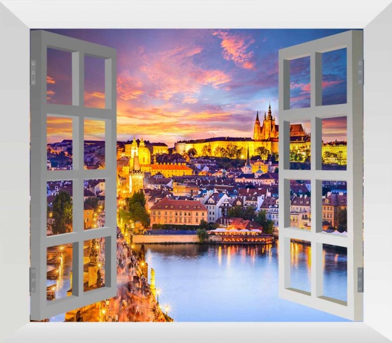 Obraz večerní Praha za oknem Obraz večerní Praha za oknem