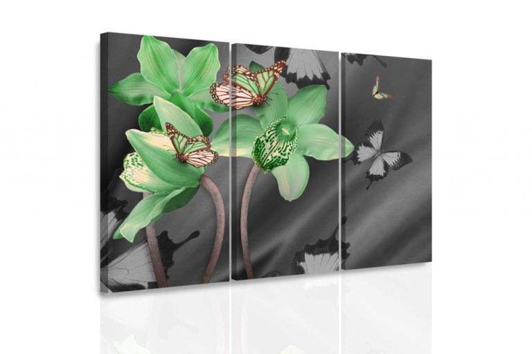 Vícedílný obraz – Zelená orchidej a motýli Vícedílný obraz – Zelená orchidej a motýli