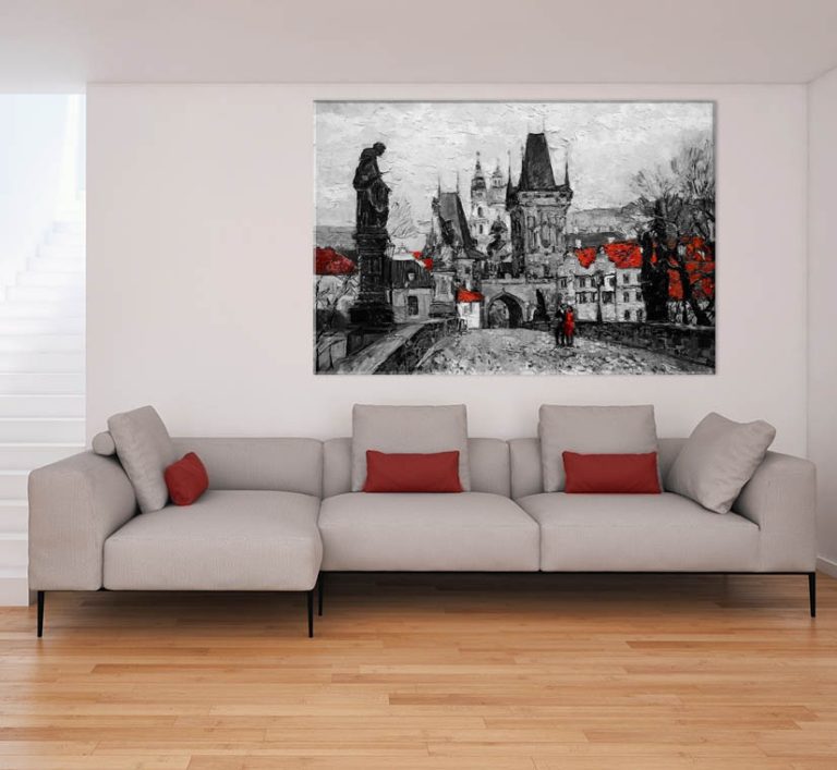 Obraz procházka po Karlově mostě červená Obraz procházka po Karlově mostě červená