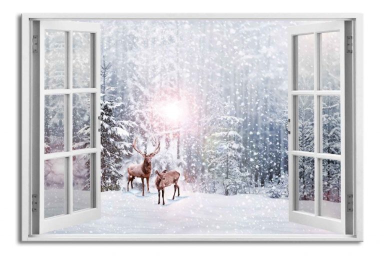 Obraz okno jeleni v zimě Obraz okno jeleni v zimě