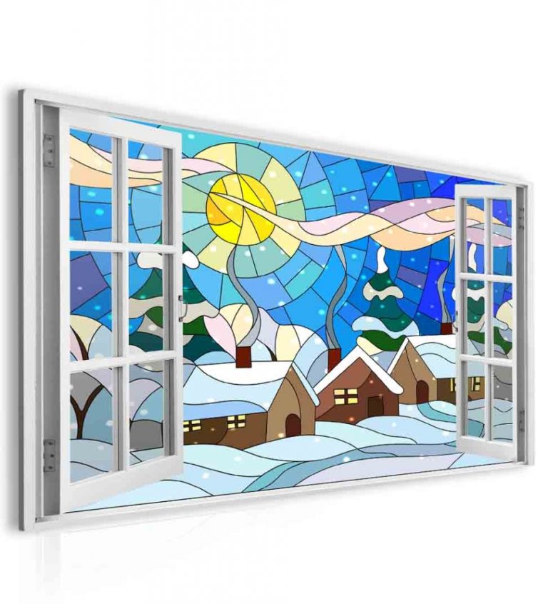 Obraz okno zimní vitráž Obraz okno zimní vitráž