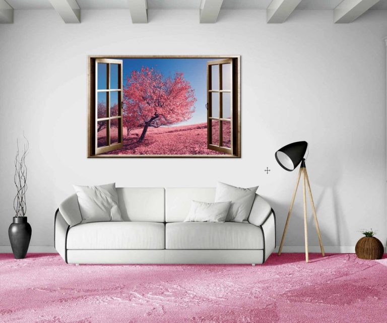 Obraz okno růžový strom Obraz okno růžový strom